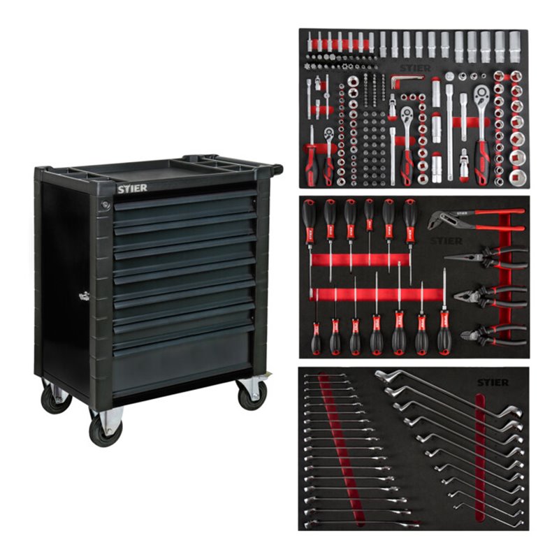 STIER Werkstattwagen mit Schutzvorrichtung und Seitentür bestückt 223-teilig