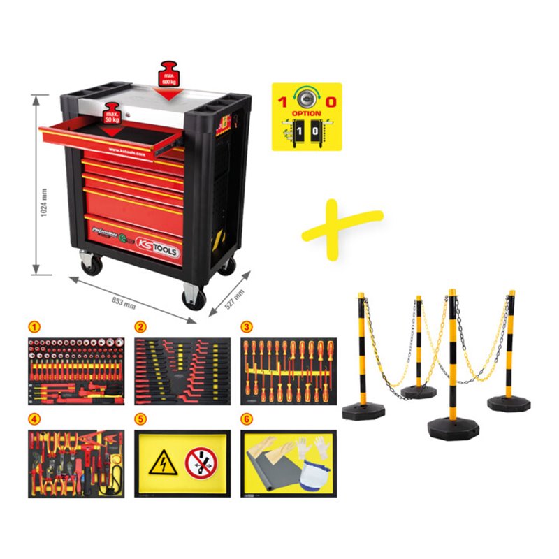 KS Tools Werkstattwagen PERFORMANCEplus e10 mit isolierten Werkzeugen für Hybrid- und Elektrofahrzeuge, 164 tlg.