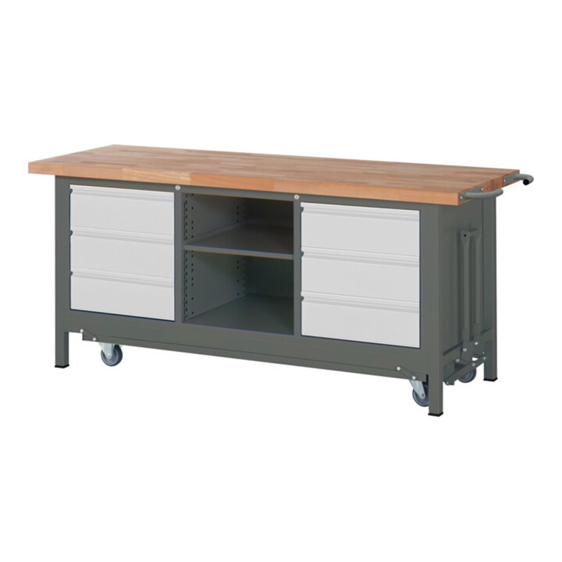 STIER Werkbank Premium mit abs. Fahrgestell, 6 Schubladen und einem offenen Fach BxTxH 2000x700x880mm