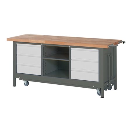 STIER Werkbank Premium mit abs. Fahrgestell, 6 Schubladen und einem offenen Fach BxTxH 2000x700x880mm
