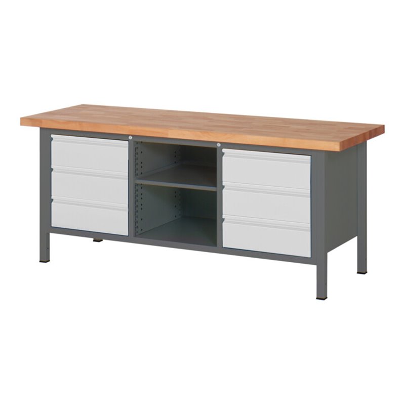 STIER Höhenverstellbare Werkbank Premium mit 6 Schubladen und einem offenen Fach BxTxH 2000x700x840-1040mm