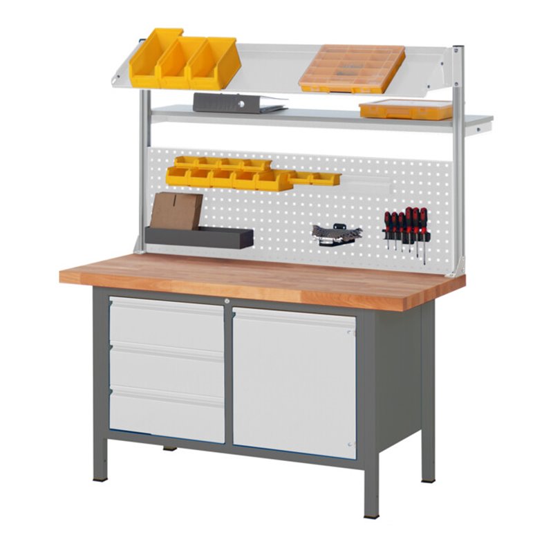 STIER Höhenverstellbare Werkbank mit Aufbau Premium mit 3 Schubladen und 1 Flügeltür BxTxH 1500x700x840-1040mm