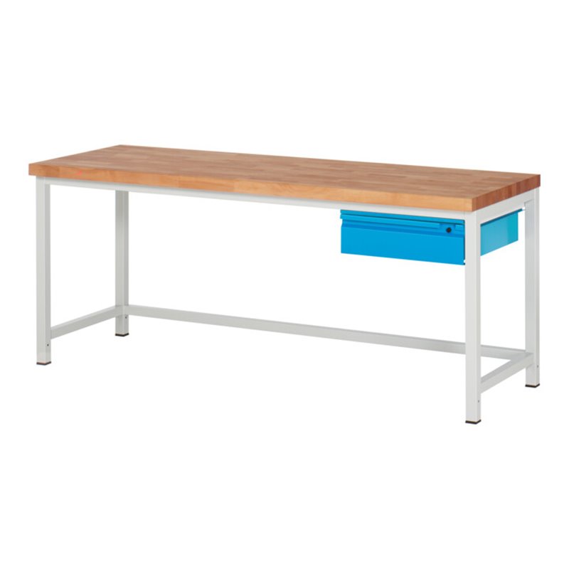 STIER Höhenverstellbare Werkbank Premium mit 1 Schublade BxTxH 2000x700x840-1040mm RAL 7035 / RAL 5012