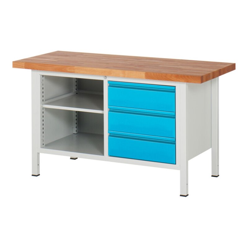 STIER Höhenverstellbare Werkbank Premium mit 3 Schubladen und einem offenen Fach BxTxH 1500x700x840-1040mm RAL 7035 / RAL 5012
