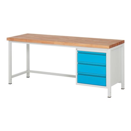 STIER Höhenverstellbare Werkbank Premium mit 3 Schubladen BxTxH 2000x700x840-1040mm RAL 7035 / RAL 5012