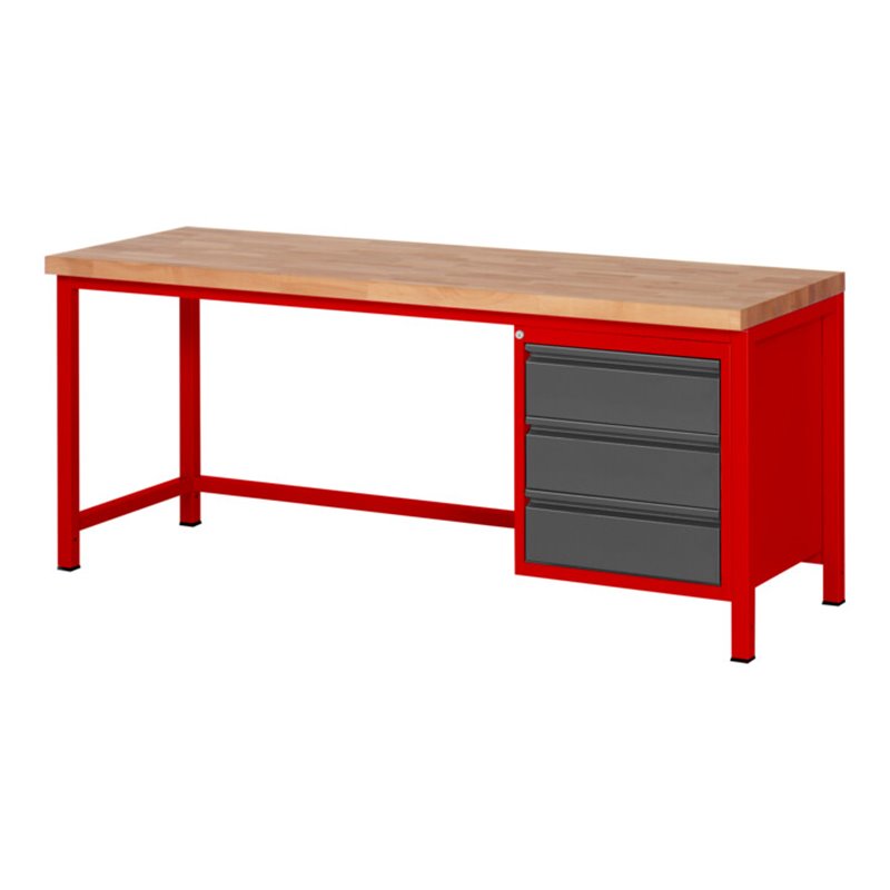 STIER Höhenverstellbare Werkbank Premium mit 3 Schubladen BxTxH 2000x700x840-1040mm RAL 3000 / anthrazitmetallic