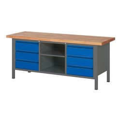 STIER Höhenverstellbare Werkbank Premium mit 6 Schubladen und einem offenen Fach BxTxH 2000x700x840-1040mm anthrazitmetall / RAL