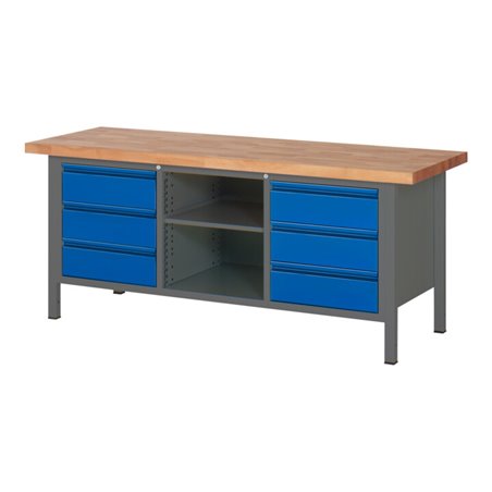 STIER Höhenverstellbare Werkbank Premium mit 6 Schubladen und einem offenen Fach BxTxH 2000x700x840-1040mm anthrazitmetall / RAL