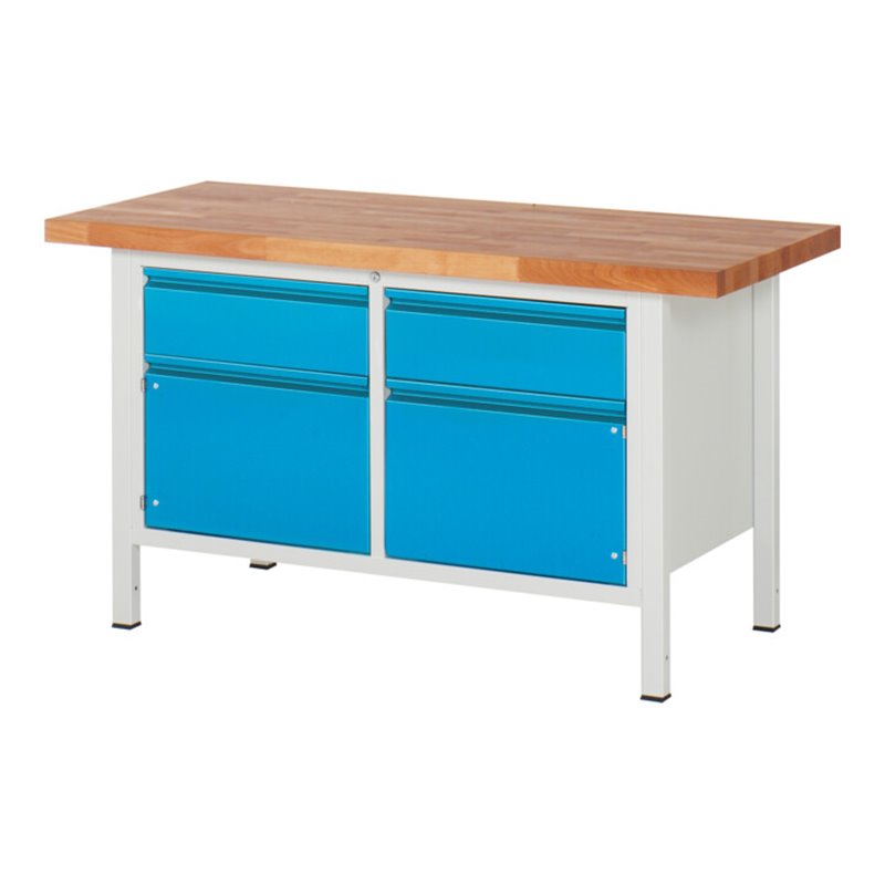 STIER Höhenverstellbare Werkbank Premium mit 2 Schubladen und 2 Flügeltüren BxTxH 1500x700x840-1040mm RAL 7035 / RAL 5012