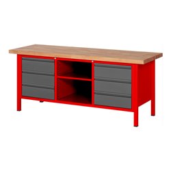 STIER Höhenverstellbare Werkbank Premium mit 6 Schubladen und einem offenen Fach BxTxH 2000x700x840-1040mm RAL 3000 / anthrazitm