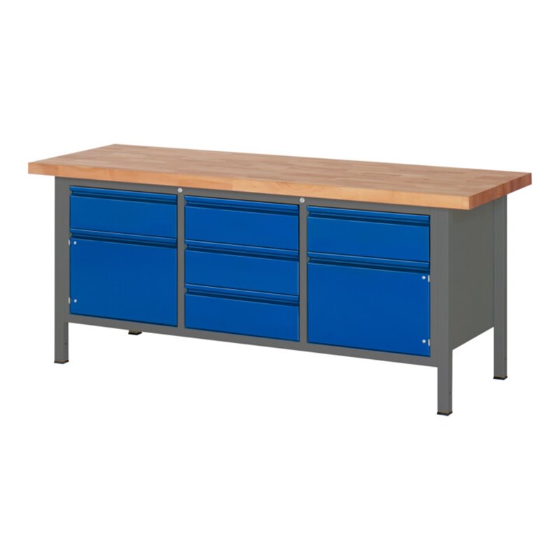 STIER Höhenverstellbare Werkbank Premium mit 5 Schubladen und 2 Flügeltüren BxTxH 2000x700x840-1040mm anthrazitmetall / RAL 5010