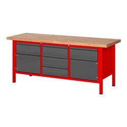 STIER Höhenverstellbare Werkbank Premium mit 5 Schubladen und 2 Flügeltüren BxTxH 2000x700x840-1040mm RAL 3000 / anthrazitmetall
