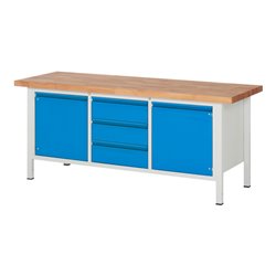 STIER Höhenverstellbare Werkbank Premium mit 3 Schubladen und 2 Flügeltüren BxTxH 2000x700x840-1040mm RAL 7035 / RAL 5012