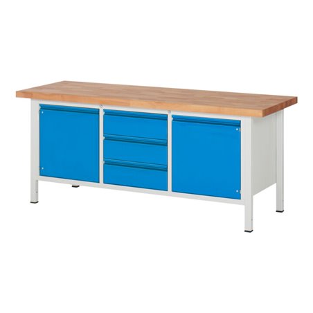 STIER Höhenverstellbare Werkbank Premium mit 3 Schubladen und 2 Flügeltüren BxTxH 2000x700x840-1040mm RAL 7035 / RAL 5012