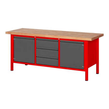 STIER Höhenverstellbare Werkbank Premium mit 3 Schubladen und 2 Flügeltüren BxTxH 2000x700x840-1040mm RAL 3000 / anthrazitmetall