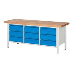 STIER Höhenverstellbare Werkbank Premium mit 9 Schubladen BxTxH 2000x700x840-1040mm RAL 7035 / RAL 5012