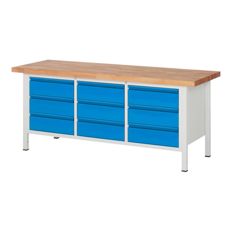 STIER Höhenverstellbare Werkbank Premium mit 9 Schubladen BxTxH 2000x700x840-1040mm RAL 7035 / RAL 5012