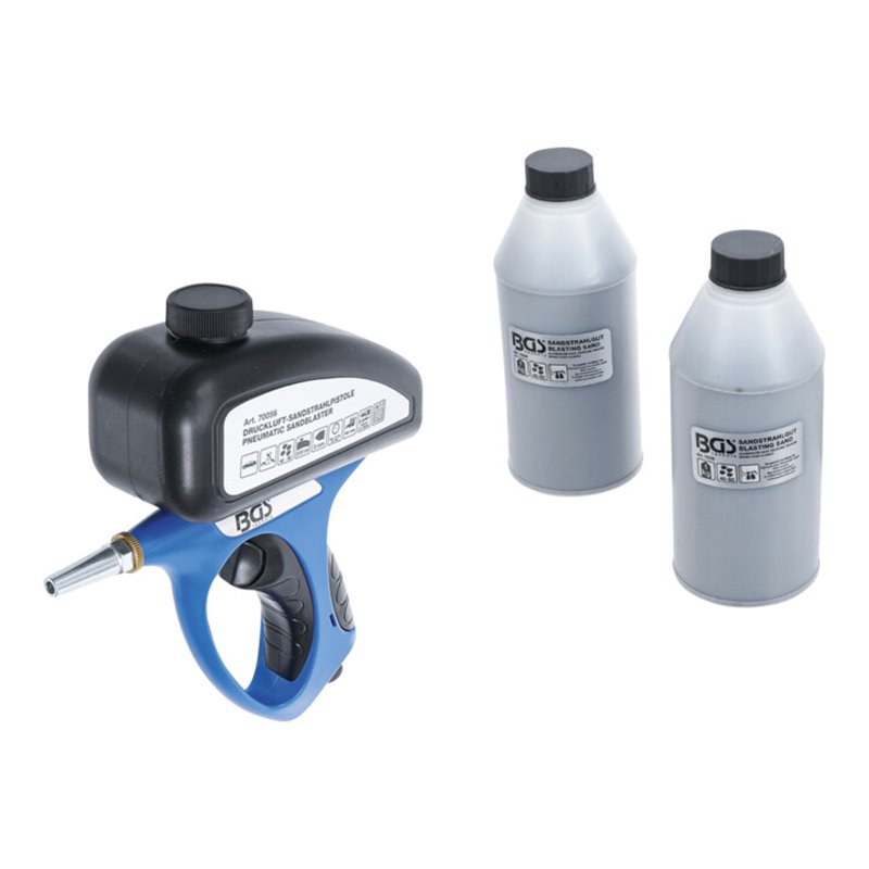 BGS Druckluft-Sandstrahlpistole inkl. Zubehör 3-tlg. Mit aufgesetztem Strahlsandbehälter aus Kunststoff (ABS) mit Kapazität 510 
