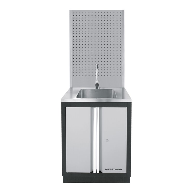 Kraftwerk Kraftwerk Spülbecken Kombination mit Mobilio Unterschrank und Lochwand.