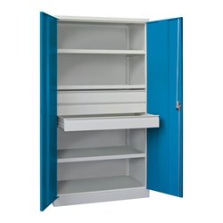 Pavoy Schwerlastschrank, 3 Fachböden a 200 kg, 3 Schubladen a 125 mm, Ral 7035/5012