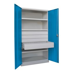 Pavoy Schwerlastschrank, 3 Fachböden a 200 kg, 4 Schubladen, Ral 7035/5012