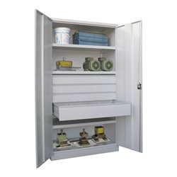 Pavoy Schwerlastschrank, 3 Fachböden a 200 kg, 4 Schubladen, Ral 7035