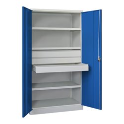 Pavoy Schwerlastschrank, 3 Fachböden a 200 kg, 3 Schubladen a 125 mm, Ral 7035/5010