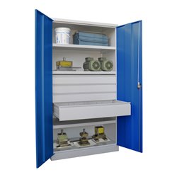 Pavoy Schwerlastschrank, 3 Fachböden a 200 kg, 4 Schubladen, Ral 7035/5010