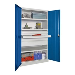 Pavoy Schwerlastschrank, 3 Fachböden a 200 kg, 5 Schubladen, RAL 7035/5010