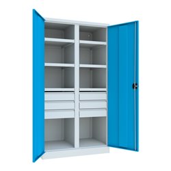 Pavoy Schwerlastschrank, Trennwand, 6 Fachböden a 200 kg, 6 Schubladen, RAL 7035/5012