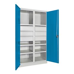 Pavoy Schwerlastschrank, Trennwand, 6 Fachböden a 200 kg, 6 Schubladen, RAL 7035/5012