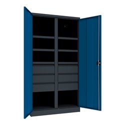 Pavoy Schwerlastschrank, Trennwand, 6 Fachböden a 200 kg, 6 Schubladen, RAL 7035/5010