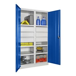 Pavoy Schwerlastschrank, Trennwand, 6 Fachböden a 200 kg, 6 Schubladen, RAL 7035/5010