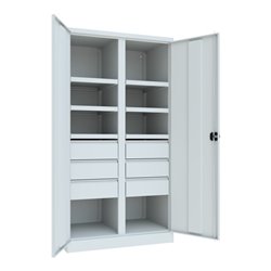 Pavoy Schwerlastschrank, Trennwand, 6 Fachböden a 200 kg, 6 Schubladen, RAL 7035