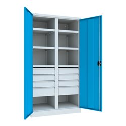 Pavoy Schwerlastschrank, Trennwand, 6 Fachböden a 200 kg, 8 Schubladen, RAL 7035/5012