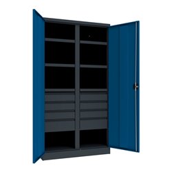 Pavoy Schwerlastschrank, Trennwand, 6 Fachböden a 200 kg, 8 Schubladen, RAL 7035/5010