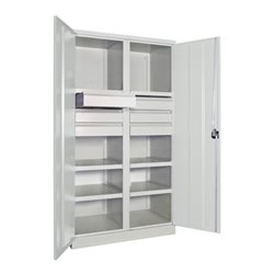 Pavoy Schwerlastschrank, Trennwand, 6 Fachböden a 200 kg, 6 Schubladen, RAL 7035