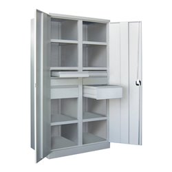 Pavoy Schwerlastschrank, Trennwand, 6 Fachböden a 200 kg, 6 Schubladen, RAL 7035