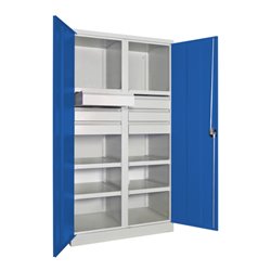 Pavoy Schwerlastschrank, Trennwand, 6 Fachböden a 200 kg, 6 Schubladen, RAL 7035/5010