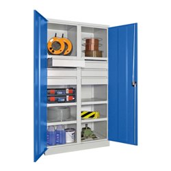 Pavoy Schwerlastschrank, Trennwand, 6 Fachböden a 200 kg, 6 Schubladen, RAL 7035/5010