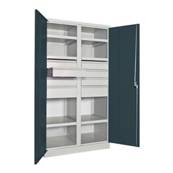 Pavoy Schwerlastschrank, Trennwand, 6 Fachböden a 200 kg, 8 Schubladen, RAL 7035/7016