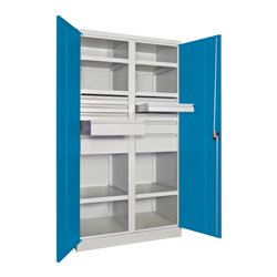 Pavoy Schwerlastschrank, Trennwand, 6 Fachböden a 200 kg, 10 Schubladen, RAL 7035/5012