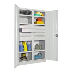 Pavoy Schwerlastschrank, Trennwand, 6 Fachböden a 200 kg, 8 Schubladen, RAL 7035