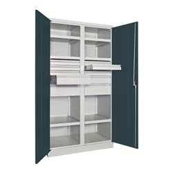 Pavoy Schwerlastschrank, Trennwand, 6 Fachböden a 200 kg, 10 Schubladen, RAL 7035/7016