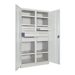 Pavoy Schwerlastschrank, Trennwand, 6 Fachböden a 200 kg, 10 Schubladen, RAL 7035