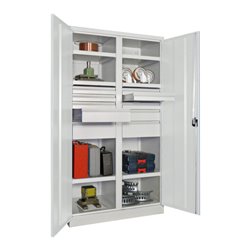 Pavoy Schwerlastschrank, Trennwand, 6 Fachböden a 200 kg, 10 Schubladen, RAL 7035