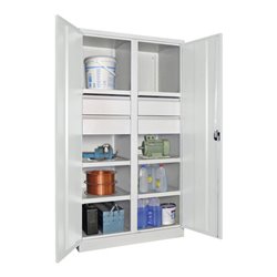 Pavoy Schwerlastschrank, Trennwand, 6 Fachböden a 200 kg, 4 Schubladen, RAL 7035