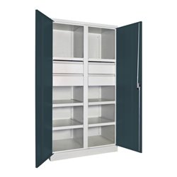 Pavoy Schwerlastschrank, Trennwand, 6 Fachböden a 200 kg, 4 Schubladen, RAL 7035/7016