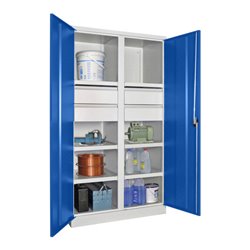 Pavoy Schwerlastschrank, Trennwand, 6 Fachböden a 200 kg, 4 Schubladen, RAL 7035/5010