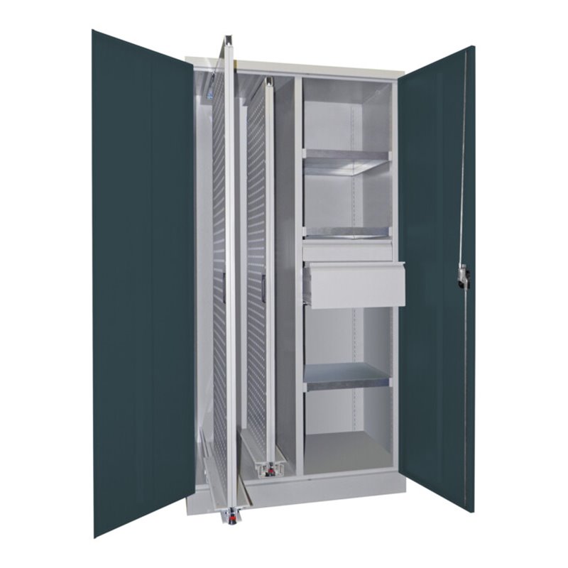 Pavoy Vertikalauszugsschrank, Trennwand, 2 Auszüge, 3 FB, 2 Schubladen, RAL 7035/7016